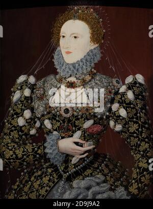 Königin Elisabeth I. von England (1533-1603). Porträt von Nicholas Hilliard. Öl auf Platte, c. 1575. Bekannt als das "Phoenix"-Porträt nach dem Juwel, das Elizabeth an ihrer Brust trägt. National Portrait Gallery. London, England, Vereinigtes Königreich. Stockfoto