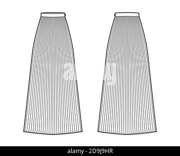 Rock Sunray Falte Maxi technische Mode Illustration mit Boden knöchellang Silhouette, kreisförmige Fülle. Flacher Boden Schablone vorne, hinten, weiße Farbe Stil. Frauen, Männer, Unisex CAD Mockup Stock Vektor