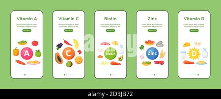 Vitamine und Mineralien Onboarding mobile App Bildschirm flache Vektor-Vorlage Stock Vektor