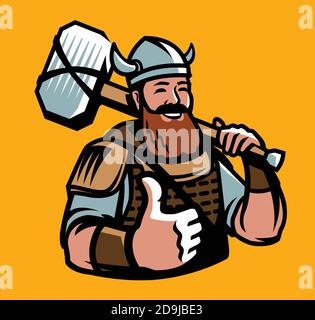 Wikinger mit Hammer. Sport Maskottchen Cartoon Vektor Illustration Stock Vektor