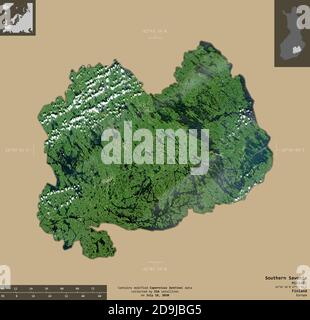 Südsavonien, Region von Finnland. Sentinel-2 Satellitenbilder. Form isoliert auf durchgehenden Hintergrund mit informativen Überlagerungen. Enthält modifizierten Cop Stockfoto