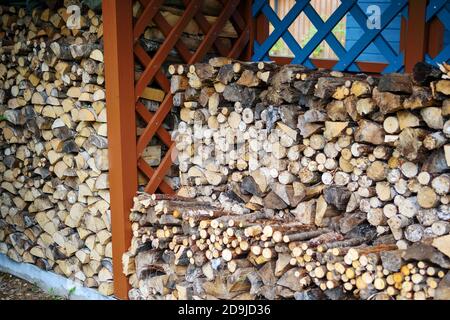 Im Holzschuppen wird Brennholz verschiedener Baumarten gelagert. Konzept des Landlebens. Stockfoto