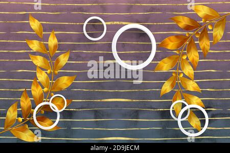 3d-Illustration, dunkler Marmorhintergrund, horizontale Streifen, goldene Äste mit Blättern Stockfoto