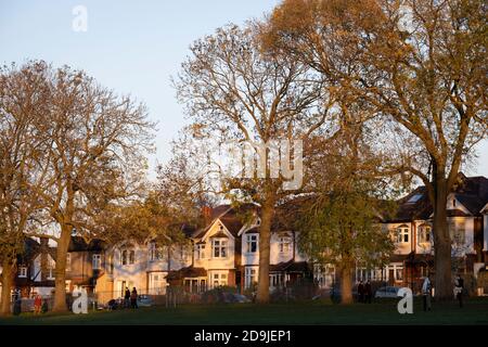 Herbstsonne auf edwardianischen Wohnhäusern in einem Vorort im Süden Londons, am 4. November 2020 in London, England. Stockfoto