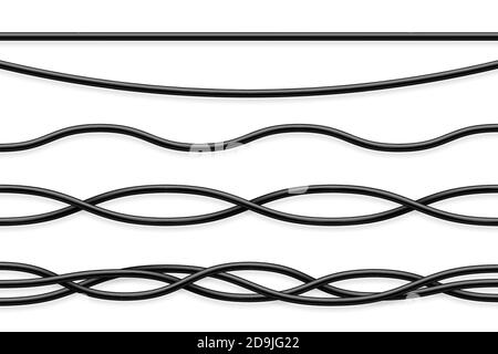 Flexible Kabelsammlung. Schwarzes Elektrokabel. Realistisches Netz- oder Netzwerkkabel. Vektorgrafik. Stock Vektor