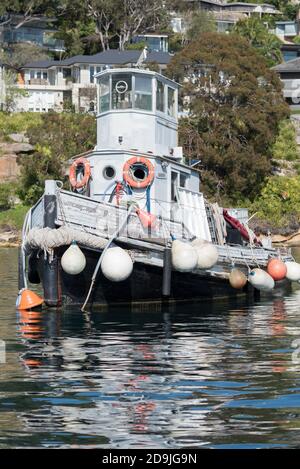 Eine Reihe von Bojen hängt an der Seite eines alten Holzschleppers im Sydney Harbour, New South Wales, Australien Stockfoto