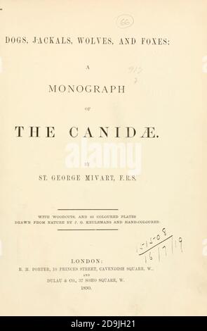 Kredit- und Titelseite von den Hunden, Schakalen, Wölfen und Füchsen EINE Monographie der Canidae [aus dem Lateinischen, Canis, 'Hund') ist eine biologische Familie hundeähnlicher Fleischfresser. Ein Mitglied dieser Familie wird ein Canid genannt] von George Mivart, F.R.S. mit Holzschnitten und 45 farbigen Platten aus der Natur von J. G. Keulemans gezeichnet und handfarbig. Herausgegeben von R. H. Porter, London, 1890 Stockfoto