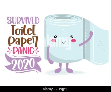 Überlebte Toilettenpapier Panik 2020 - Lustiges Toilettenpapier im Kawaii-Stil. Coronavirus covid-19 lustige Charakter Weihnachten Grußkarten, Einladungen. Für hässlich Stock Vektor