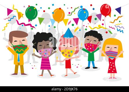 Party mit männlichen und weiblichen multiethnischen Zeichen tragen gemusterten medizinischen Gesichtsmasken Spaß und mit einem Toast. Coronavirus covid-19 Konzept. Stockfoto