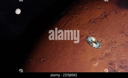 Astronomische Forschung auf dem Mars mit Hochtechnologie, Satelliten-System und Space Shuttle. Schwebendes Raumschiff in den Univers, Shuttle in die Atmosphäre. Bilder von der NASA. Gerenderte 3D-Illustration Stockfoto