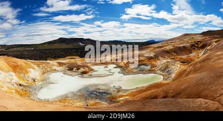 Leirhnjukur ist das heiße Geothermie-Becken in der Region Krafla, Island. Die Gegend um den See ist bunt und geknackt. Stockfoto