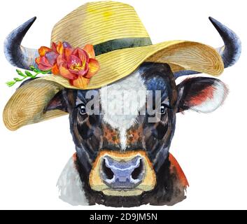 Aquarell-Illustration von schwarzen kraftvollen Stier im Sommer Hut Stockfoto