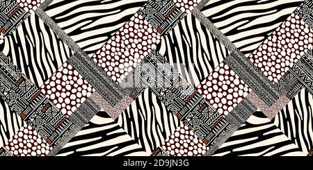ETHNISCHES TRENDMUSTER. LACKIERUNG IN AFRIKANISCHEM STIL. MUSTER NAHTLOS AFRIKANISCH. TRADITIONELLES MUSTER. PRIMITIVE MINIMALE HANDZEICHNUNGEN. Vektorgrafik Stock Vektor