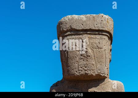 Monolith Estela Ponce, Kalasasya, archäologische Stätte Tiwanaku oder Tiahuanaco, UNESCO Weltkulturerbe, Altiplano, La Paz, Bolivien, Lateinamerika Stockfoto