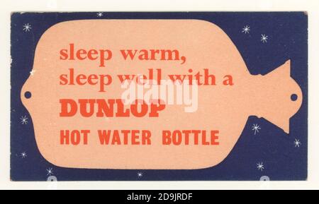 Retro-Werbung für Dunlop Heißwasserflasche, Promo-Karte, ca. Ende der 40er, 1950er, Großbritannien Stockfoto