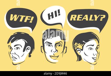Set von Comic-Stil Charaktere mit Sprechblasen und verschiedenen Emotionen und Mimik. Vektor Cartoon Menschen Porträts. Man-Grafik. Stock Vektor