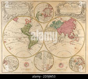 Planiglobii Terrestris Mappa Universalis. Weltkarte in Farbe gedruckt in Deutschland im Jahre 1746 Stockfoto