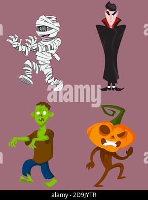 Set von Monstern in verschiedenen Posen. Halloween-Figuren im Cartoon-Stil. Stock Vektor