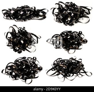 Sammlung von Bildern mit Haufen von Videobändern isoliert auf weißem Hintergrund. Magnetische Videobänder. Stockfoto