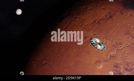 Astronomische Forschung auf dem Mars mit Hochtechnologie, Satelliten-System und Space Shuttle. Schwebendes Raumschiff in den Univers, Shuttle in die Atmosphäre. Bilder von der NASA. Gerenderte 3D-Illustration Stockfoto