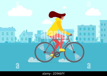 Hipster weibliche Reiten Fahrrad auf der City Street. Junge Frau Radfahrer Freizeitbeschäftigung in der Stadt Straße. Stilvolle Mädchen auf Fahrrad flache Vektor eps Illustration Stock Vektor