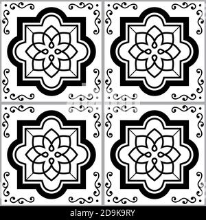 Portugiesische und marokkanische Azulejo Fliesen nahtlose Vektor-Muster, monochrome Textildesign mit Wirbeln und geometrischen Formen Stock Vektor