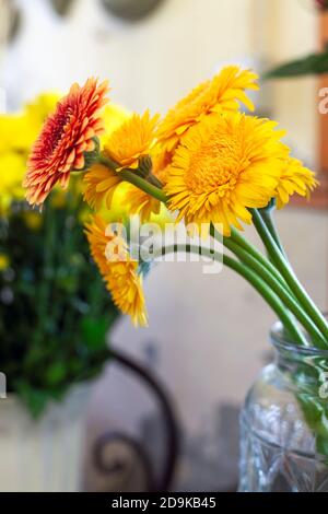 Nahaufnahme zu gelben Blumen im Floristen Stockfoto