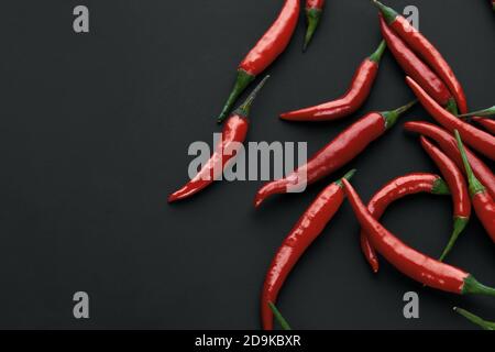 Rote scharfe Chilischote auf schwarzem Hintergrund. Würze für echte Männer. Brandwürze Stockfoto