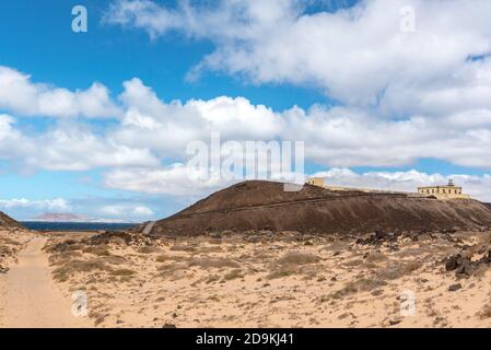 Leuchtturm auf Isla Lobos auf Fuerteventura im Sommer 2020. Stockfoto