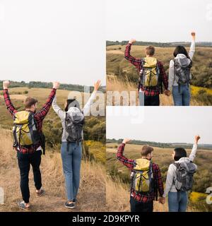 Collage von fröhlichen interracial paar mit Rucksäcken stehen mit Landschaft Auf unscharfem Hintergrund Stockfoto