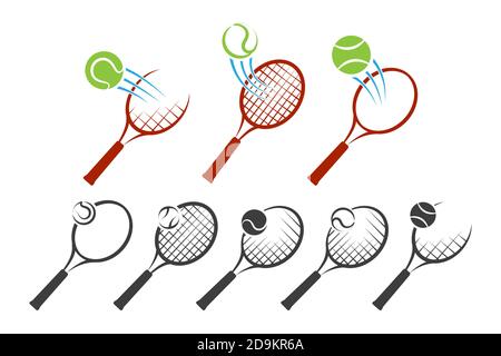 Tennisschläger und Bälle Logo-Set isoliert auf weißem Hintergrund. Vektorgrafik. Stock Vektor