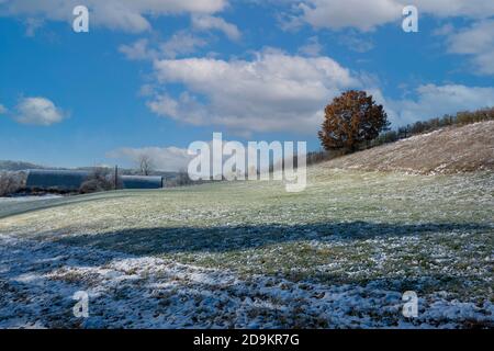 ç. 2020. Eine herbstliche Szene als der erste Schnee der Saison auf einer Walpole Farm, New Hampshire, USA, erscheint. Stockfoto