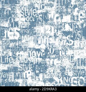 Abstrakte Grunge städtischen geometrischen Wörter, Buchstaben nahtlose Textur. Alte Zeitung, Zeitschrift texturierten Papier Hintergrund. Blau weiß Collage wiederholende Patte Stockfoto