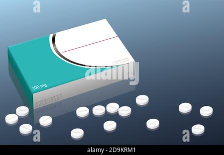 Medizin-Paket, Pille-Box mit leerem Etikett, unbeschriftete Packung, verstreute Pillen. Stockfoto