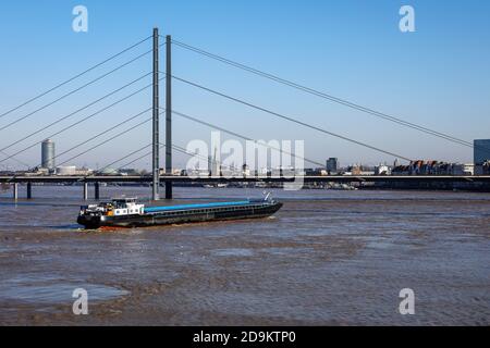 Frachter fahren unter der Rheinkniebrücke bei Überschwemmungen auf Rhein, Düsseldorf, Nordrhein-Westfalen, Deutschland Stockfoto