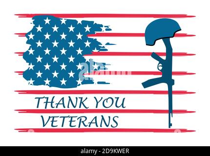 Veterans Day Konzept Vektor. Militärische Veranstaltung wird am 11. November in den Vereinigten Staaten gefeiert. Der Helm hängt am Gewehr. Hintergrund der US-Flagge. Stock Vektor