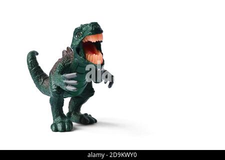 Dinosaurier Plastikspielzeug. Kinderspielzeug, Tierfigur isoliert auf weißem Hintergrund mit Kopierraum. Stockfoto