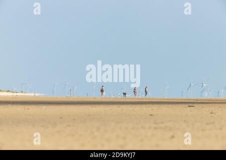 Entspannung im Wattenmeer und am Strand von St. Peter Ording, Nordsee, Windturbinen im Hintergrund. Stockfoto