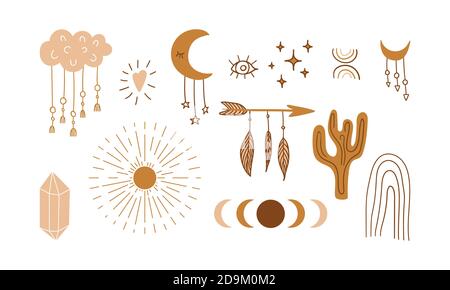 Handgezeichnete Boho-Objekte. Esoterische Symbole auf weißem Hintergrund isoliert. Vektorgrafik. Stock Vektor