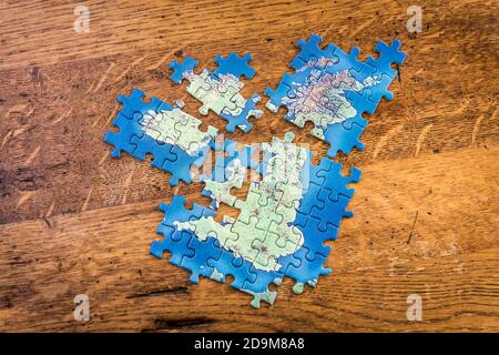 Jigsaw-Karte von Großbritannien mit Trennung von England, Schottland, Wales und Irland Stockfoto