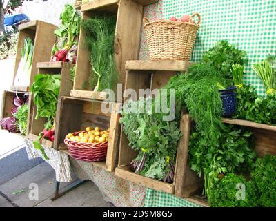 Blick auf frisches grünes Blattgemüse auf Holzkisten Koriander Stockfoto