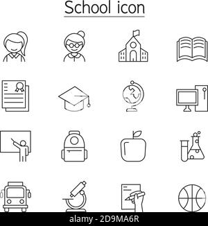 Schule & Bildung Icon Set in dünne Linie Stil Stock Vektor