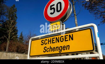 Ortsschild, Schengen, Mosel, Großherzogtum Luxemburg Stockfoto