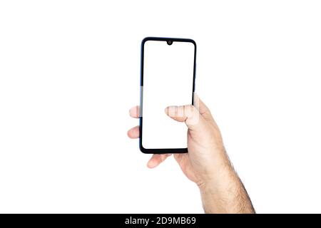 Halten Sie das Smartphone mit leerem Bildschirm und modernem rahmenlosen Design Stockfoto