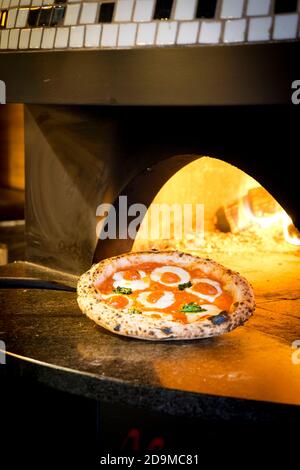 Margarita Pizza wird aus einer offenen Pizza gezogen Backofen Stockfoto