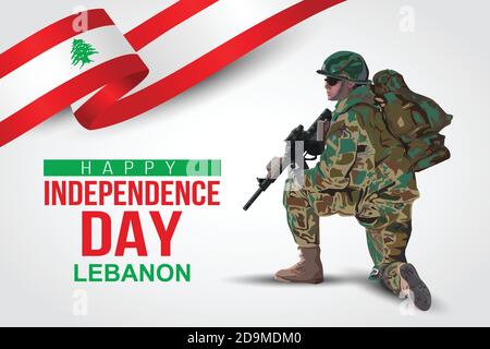 Illustration des 22. November Hintergrund zum Happy Independence Day des Libanon. Ein Soldat mit Waffe und Flagge. Vektorgrafik. Stock Vektor