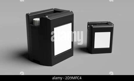 Schwarze Kunststoff-Jerry-Dose für Branding und Mockup, 3d-Rendering. Plastikgallon-Mockup. Stockfoto