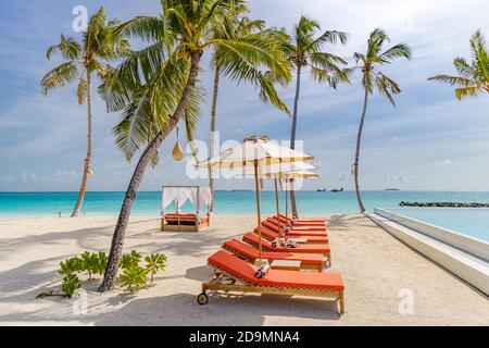 Liegestühle, Strand Baldachin Sandstrand auf einer tropischen Insel auf den Malediven. Kokospalmen und Wasserhütte am Indischen Ozean, Sonnenliegen und Sonnenschirme im Schatten Stockfoto