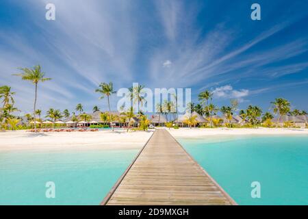 Wunderschöne tropische Malediven Insel mit Strandmeer und Kokospalme am blauen Himmel für Natur Urlaub Hintergrund Konzept, Luxus-Resort Stockfoto