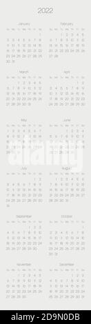 Monatskalender des Jahres 2022. Die Woche beginnt am Sonntag. Block von Monaten in zwei Spalten und sechs Reihen vertikale Anordnung. Schlichtes, dünnes minimalistisches Design. Vektorgrafik. Stock Vektor